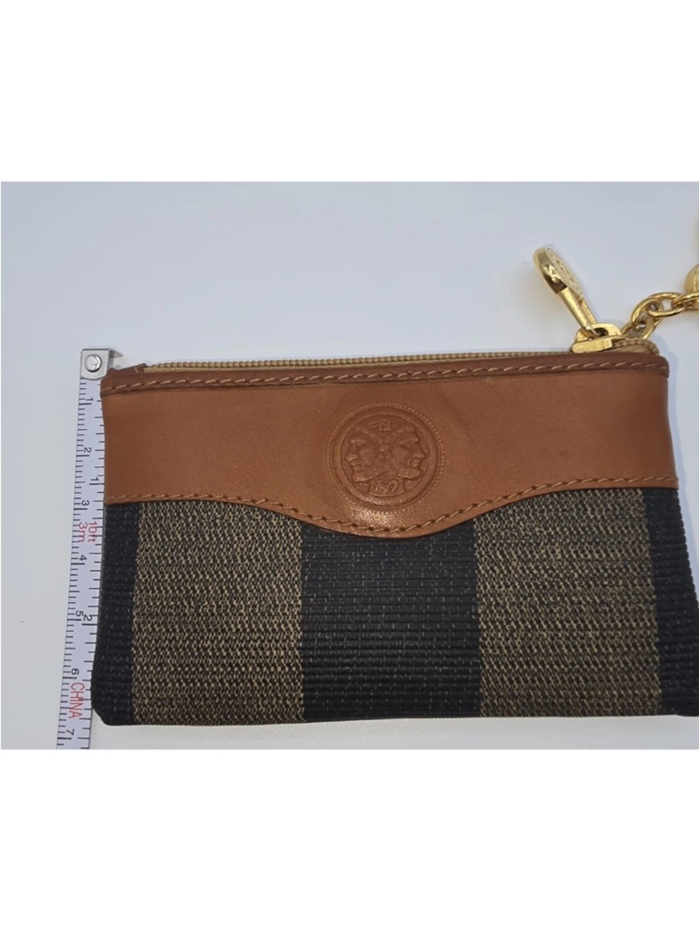 Fendi Pequín Brown Leather Trim Striped Canvas Coin Keys Pouch w/ Gold Hardware - Picture 2 of 11